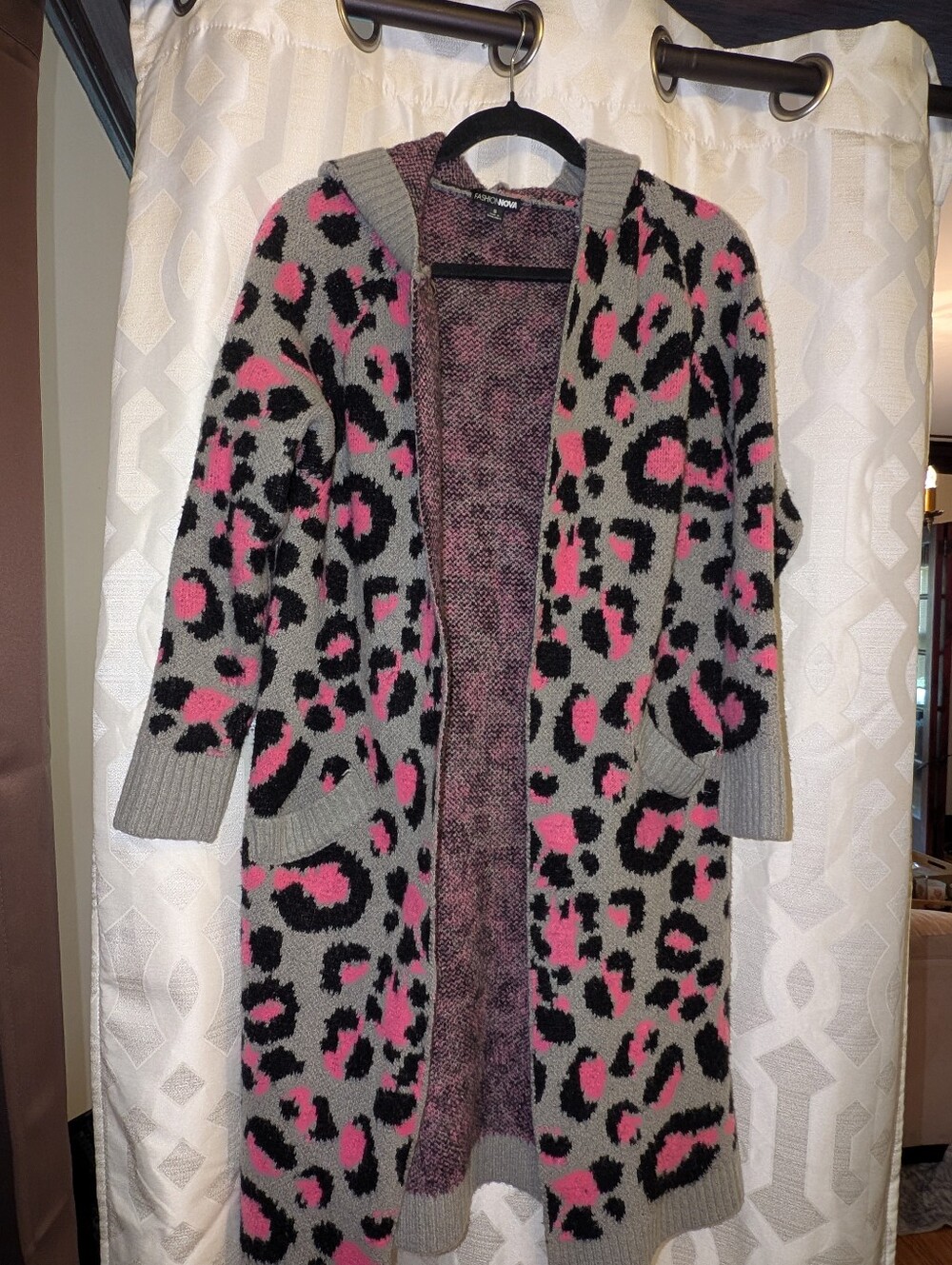 Fashion Nova Hooded Long Gray, Black & Pink Leopard Print Open-Front Cardigan